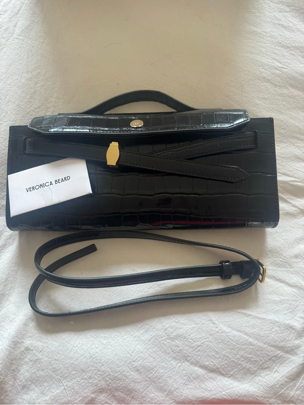 Veronica M Black Croc-Embossed Patent Leather Clutch with Gold Hardware
